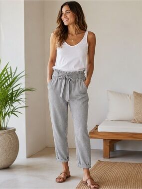 Max Studio Linen Blend Pull-on Paperbag Waist Pinstripe Pants, M, MSRP $89